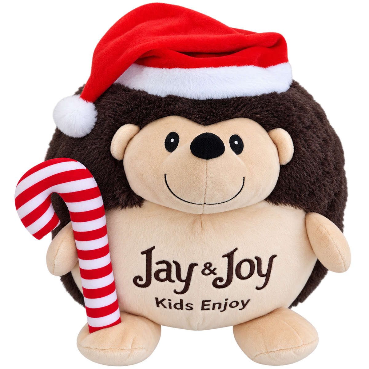 Jay&Joy Іграшка Їжачок — новорічна плюшева іграшка у вигляді їжачка в шапці Діда Мороза, який тримає червоно-білу смугасту цукерку-паличку.