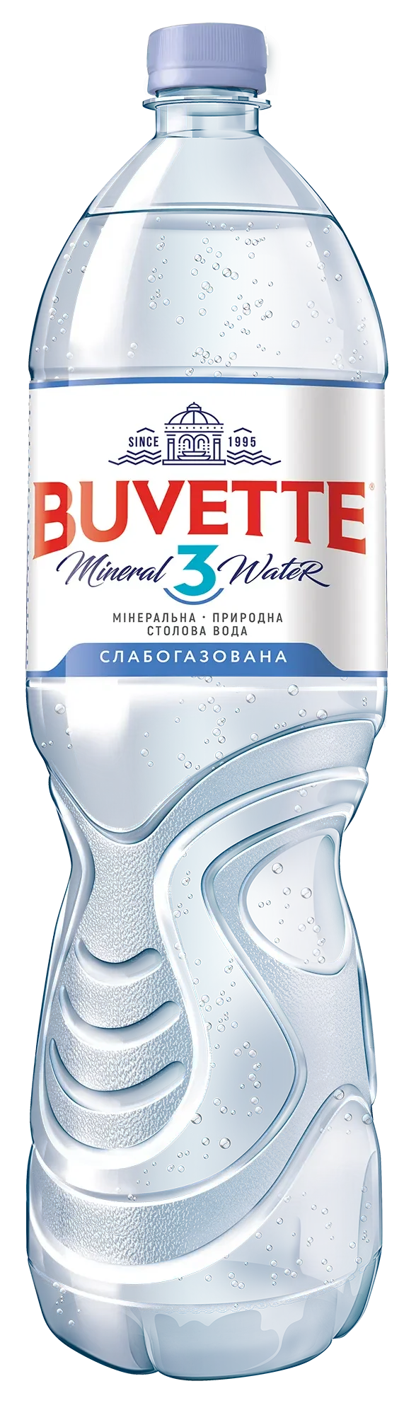 Прозора пластикова пляшка Buvette вода мінеральна столова "Buvette 3" слабогазована має синю кришечку, червону/синю/білу кириличну етикетку, видимі крапельки води та гордість виробника з Майбородівки.