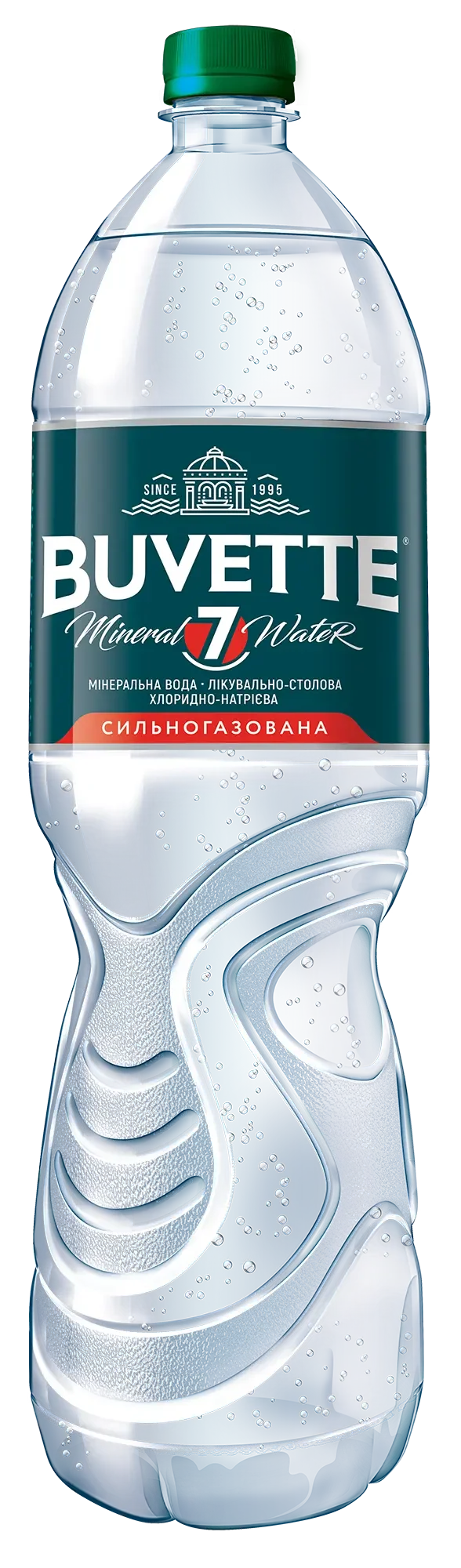 Прозора пластикова пляшка Buvette вода мінеральна столова "Buvette 7" сильногазована має зелену етикетку з біло-червоним текстом, зелену кришку, текстуровану ручку та видимі крапельки конденсату.
