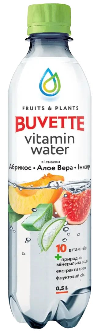 Прозора пластикова пляшка вітамінної води Buvette - Абрикос-інжир-алое-віра із зеленою кришкою, з двомовною етикеткою українською та англійською мовами, що підкреслює її освіжаючий смак та додані вітаміни.