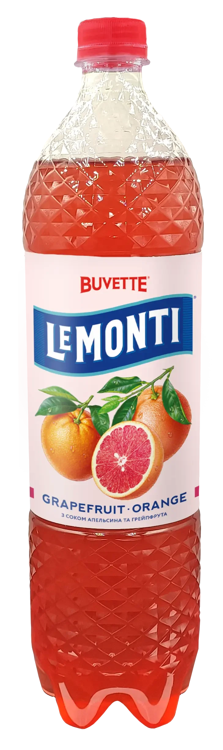 Пластикова пляшка Напій Le Monti - з соком апельсина та грейпфрута від бренду Напої з червоною кришкою, прикрашеною зображеннями грейпфрутів та апельсинів на етикетці.