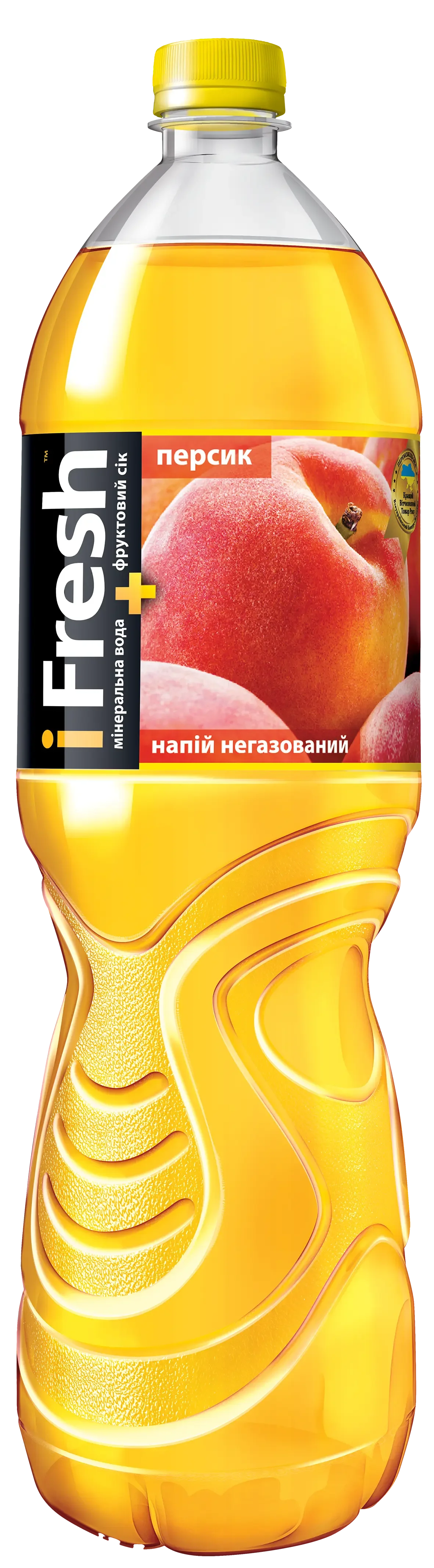 Велика пластикова пляшка напою Напій соковий негазований "IFresh Персик" з жовтою кришкою, на етикетці якої зображені персики та текст українською мовою. Яскравий жовто-помаранчевий напій обіцяє справжній фруктовий смак.