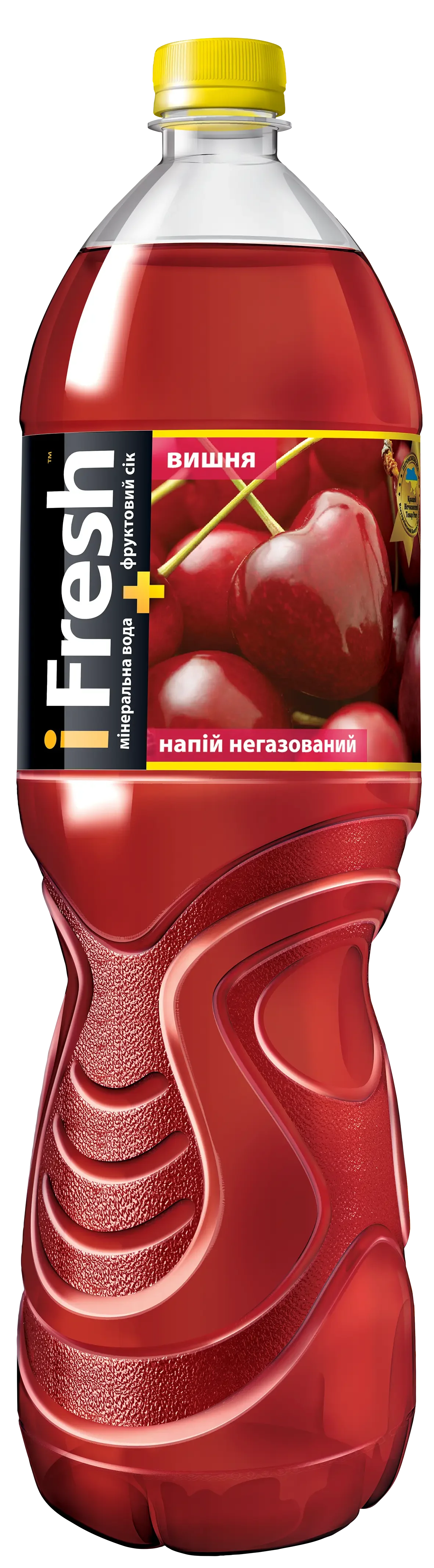 Велика пластикова пляшка Напоїв IFresh Вишня, вишневого негазованого сокового напою зі смаком вишні, з червоною рідиною, жовтою кришкою та українською етикеткою із зображенням вишні, пропонує освіжаючі напої та натуральну фруктову солодкість.