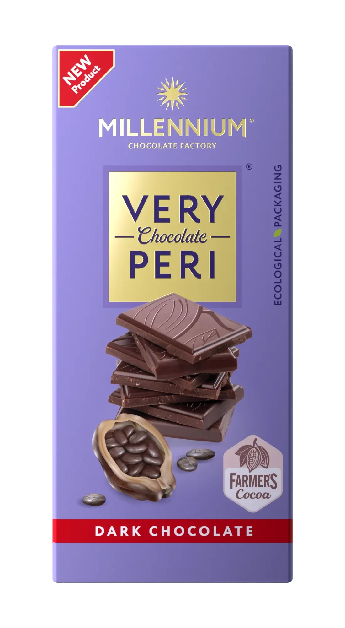 Шоколад "Millennium Very Peri" чорний від Very Peri постачається у фіолетовій упаковці зі шматочками чорного шоколаду та какао-бобами, що підкреслює темний шоколад, насичений смак, благородну гірчинку, еко-упаковку та фермерське какао.