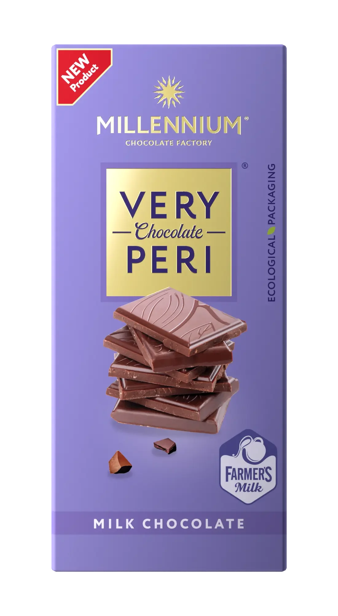 Фіолетова обгортка для шоколаду "Millennium Very Peri" молочний містить укладені шматочки шоколаду, логотип Very Peri та червоний банер "Новий продукт" у верхньому лівому кутку для справжнього солодкого задоволення.