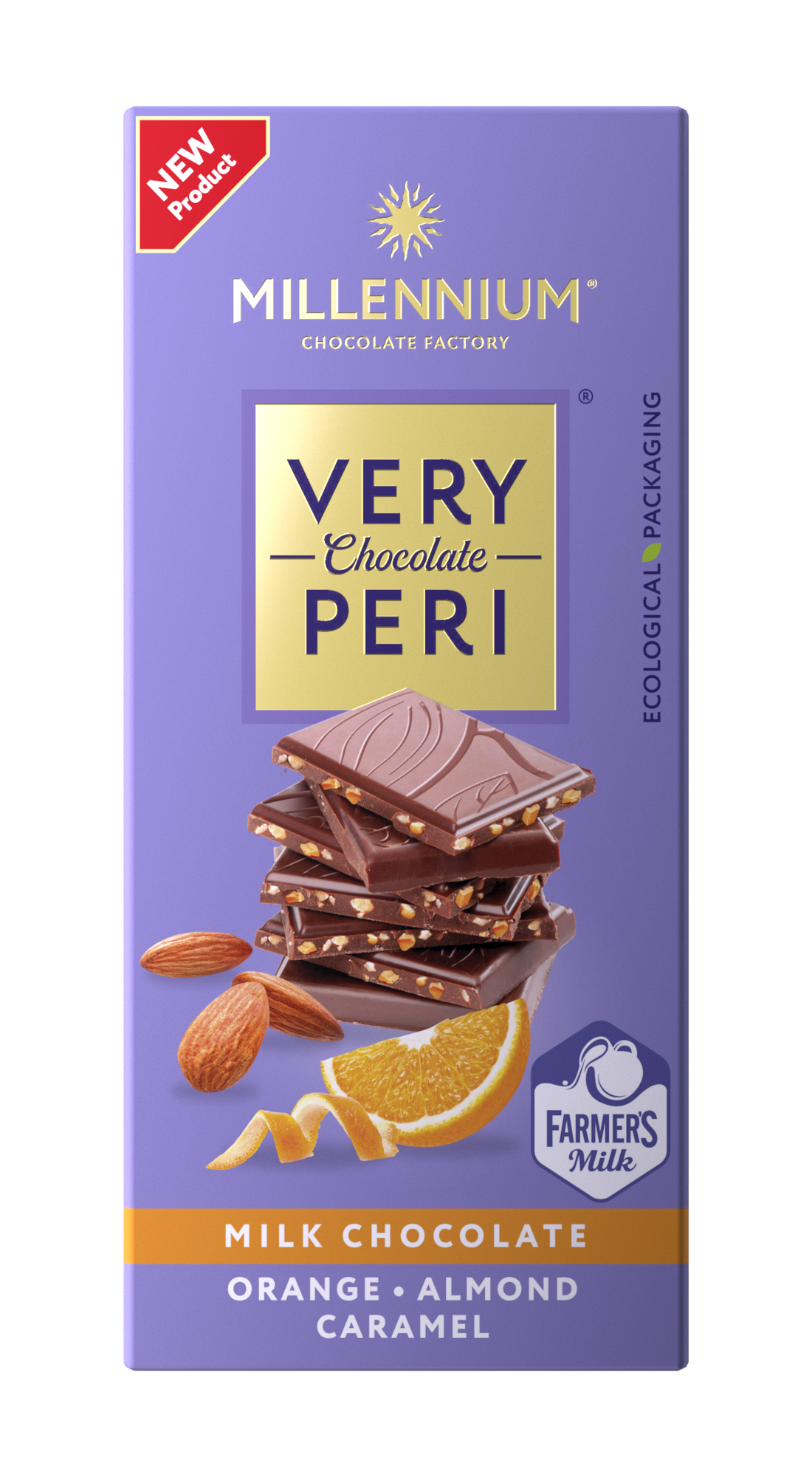 Шоколад «Millennium Very Peri» молочний — з мигдалем, карамеллю та апельсиновою цедрою