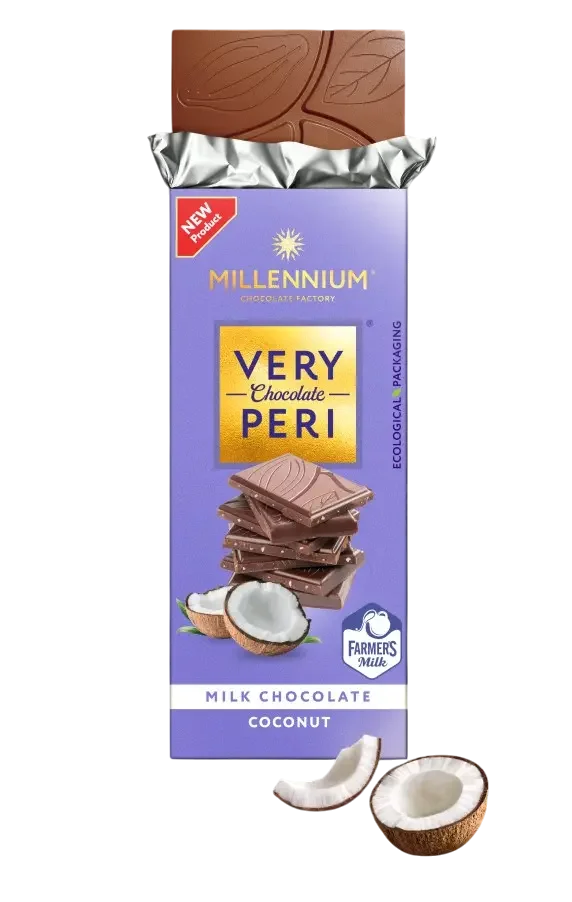Шоколад "Millennium Very Peri" молочний з кокосовою стружкою у фіолетовій обгортці, частково розгорнутий. Поруч - дві половинки кокоса, шматочок і кокосова стружка. Бренд: Very Peri.
