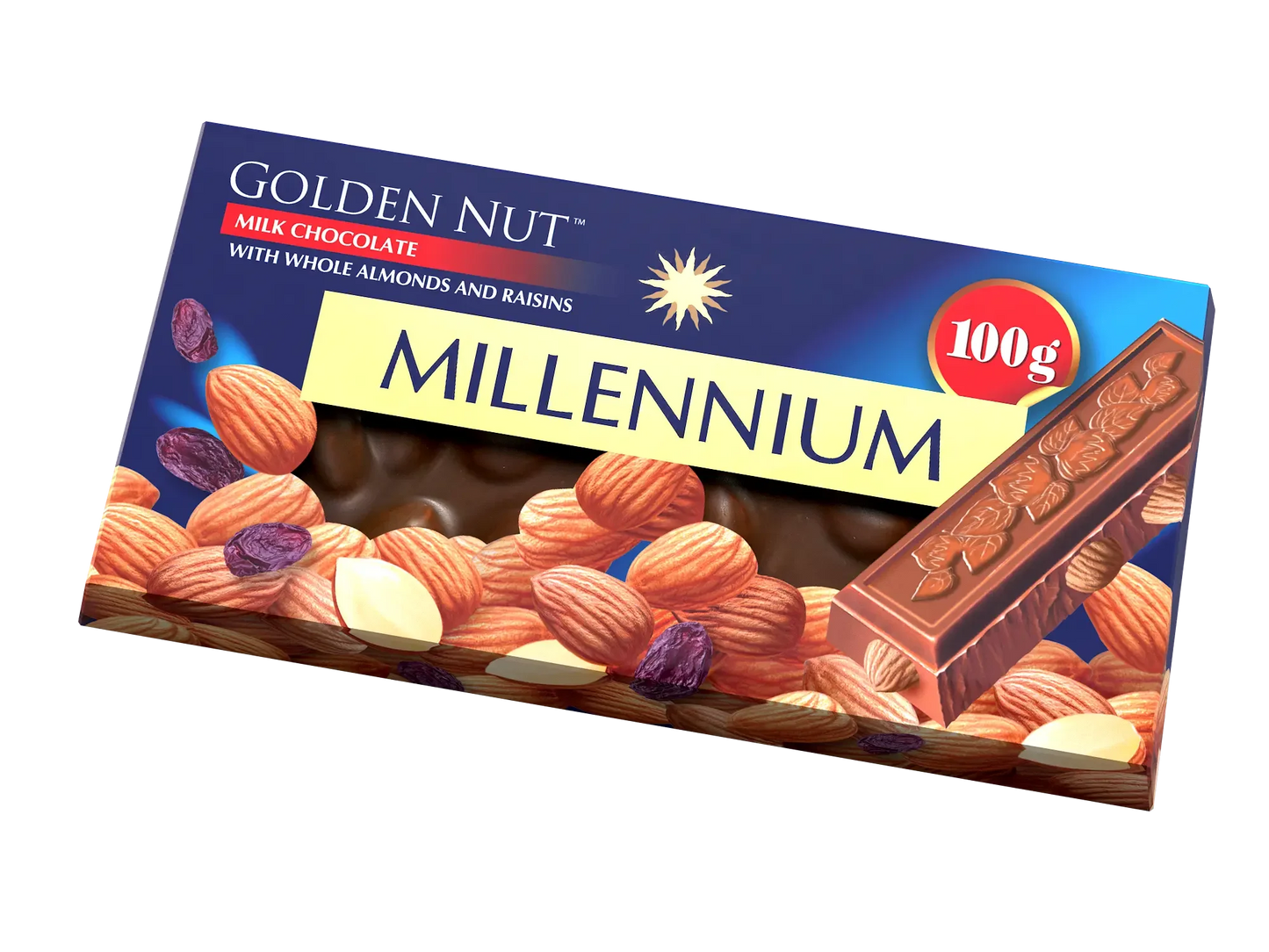Шоколад Millennium "Gold" молочний з цілим мигдалем та родзинками 100 г у синій упаковці з жовтими та червоними акцентами, із зображенням мигдалю та родзинок, а також вирізом, що демонструє шоколад всередині.