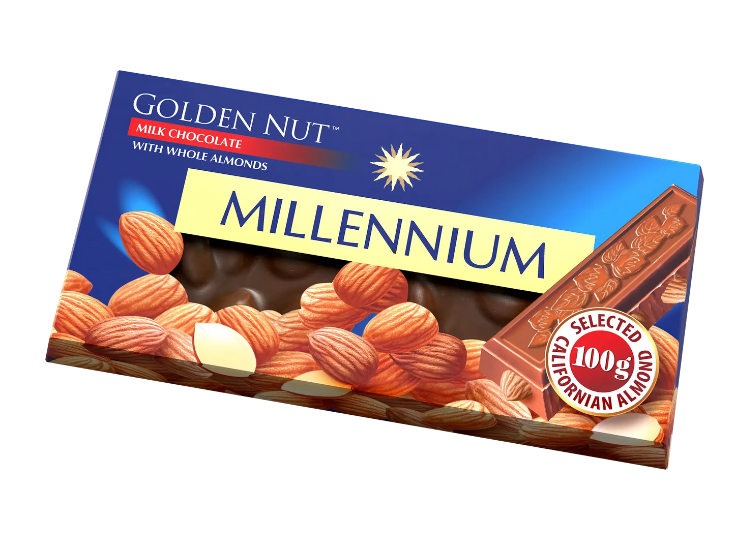 100-грамова упаковка Millennium Golden Nut від Millennium, на якій зображений молочний шоколад з мигдалем, вітрина з мигдалем зі смаком цільного горіха та етикетка "Відбірний каліфорнійський мигдаль.