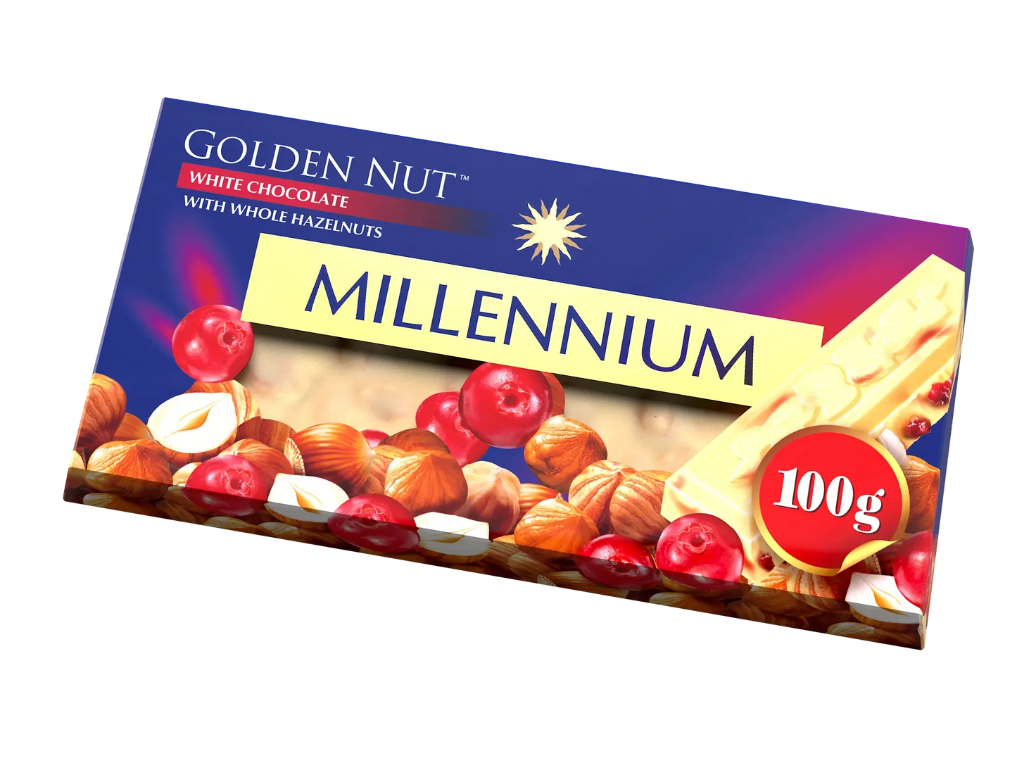 100-грамова плитка Millennium Білий шоколад Golden Nut - з лісовими горіхами та журавлиною. На синьо-золотій упаковці зображені лісові горіхи, журавлина та плитка білого шоколаду в кутку.