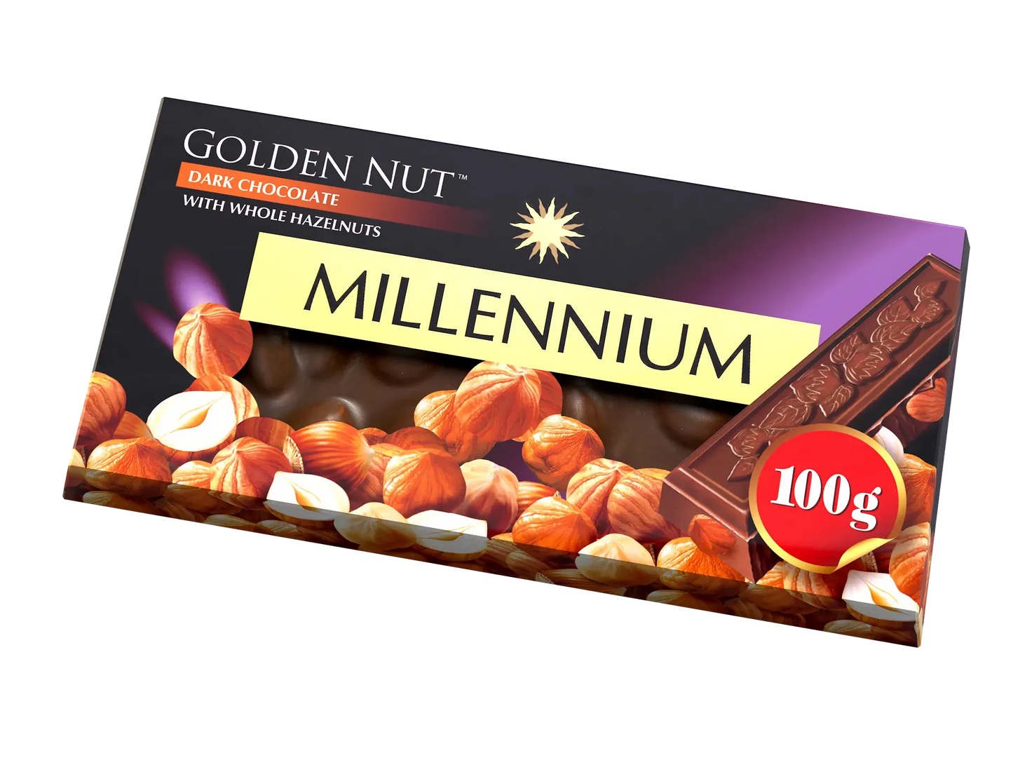 Прямокутна упаковка шоколаду Millennium Gold Шоколад з цілим горіхом чорний, із зображенням чорного шоколаду з цілим лісовим горіхом та червоною етикеткою 100 г.