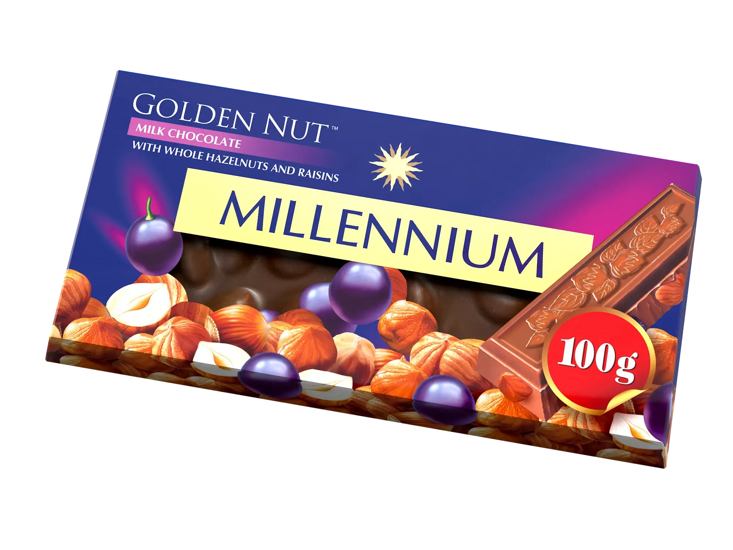 100-грамова плитка молочного шоколаду Millennium Golden Nut з лісовими горіхами та родзинками у фіолетово-блакитній обгортці із зображенням шматочків шоколаду, лісових горіхів та родзинок на лицьовій стороні.