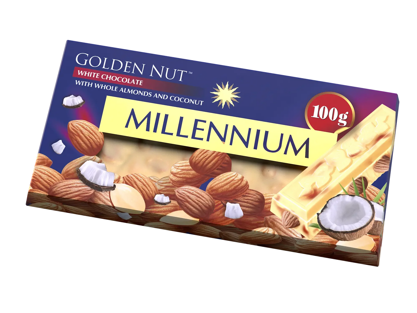 Шоколад “Millennium Gold” білий — з мигдалем та кокосовою стружкою Millennium