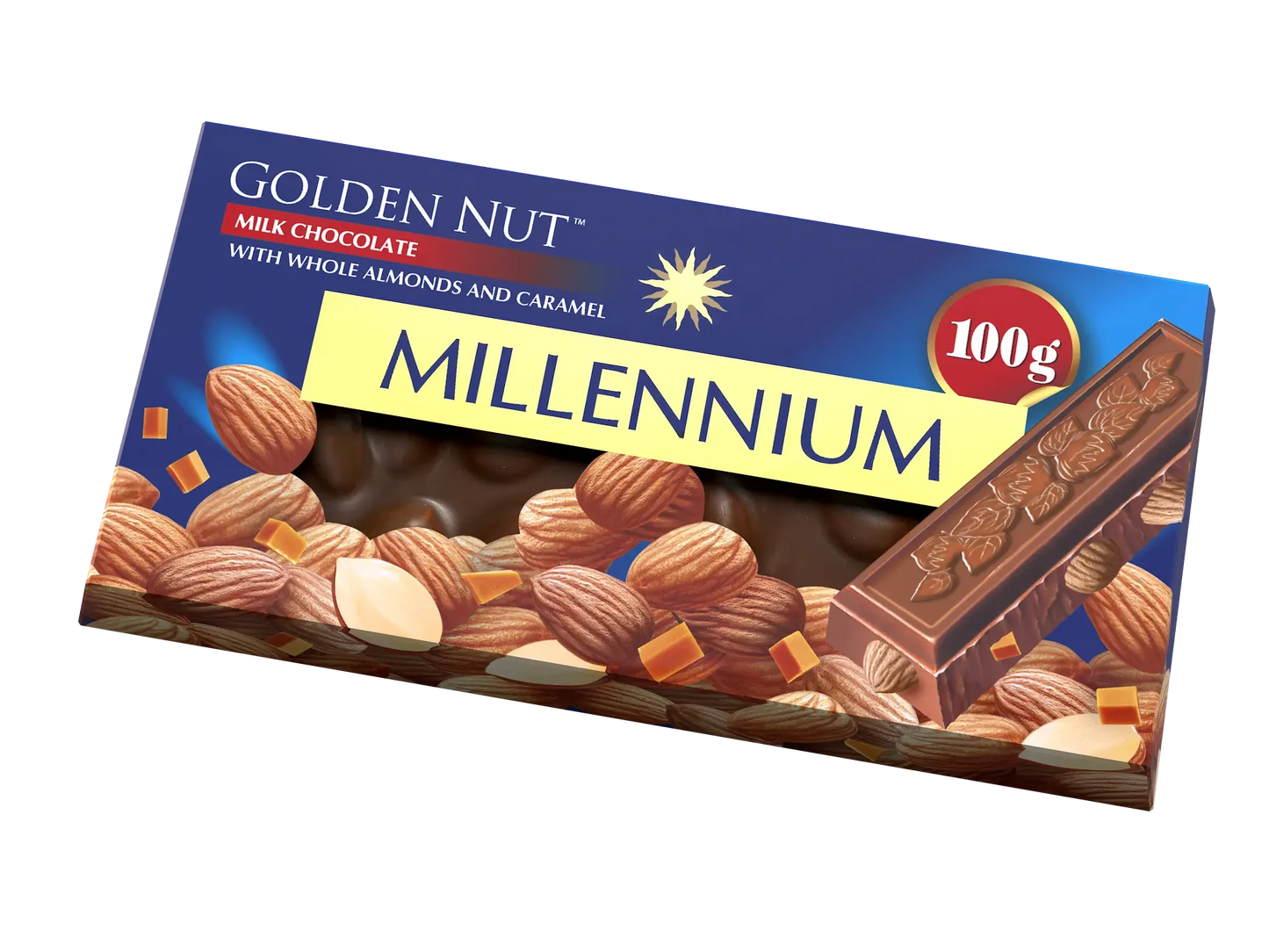 Шоколад “Millennium Gold” молочний — з цілим мигдалем та карамеллю Millennium