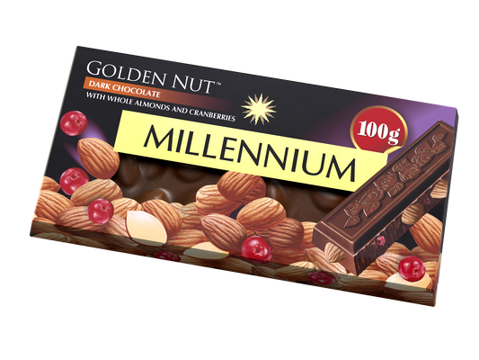 Шоколад “Millennium Gold” чорний — з цілим мигдалем та журавлиною