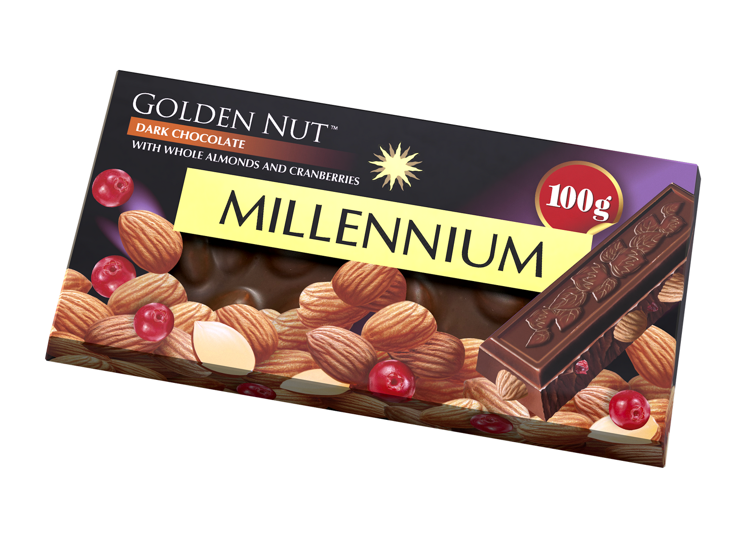 Шоколад “Millennium Gold” чорний — з цілим мигдалем та журавлиною