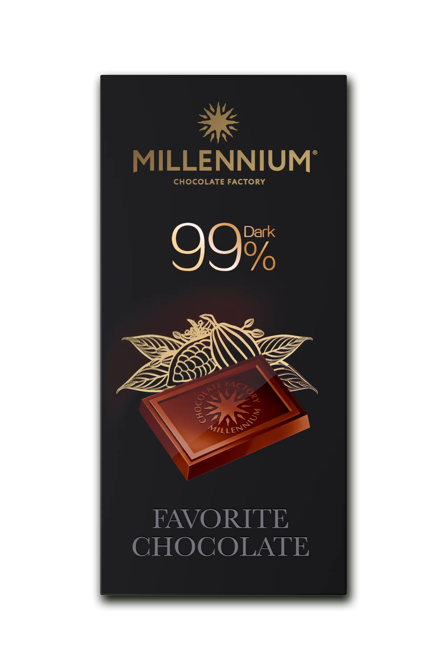 На чорній обгортці Millennium Chocolate "Улюблений" чорний 99% зображено золотий какао-боб та шматочок чорного шоколаду, а внизу - напис "Улюблений шоколад".