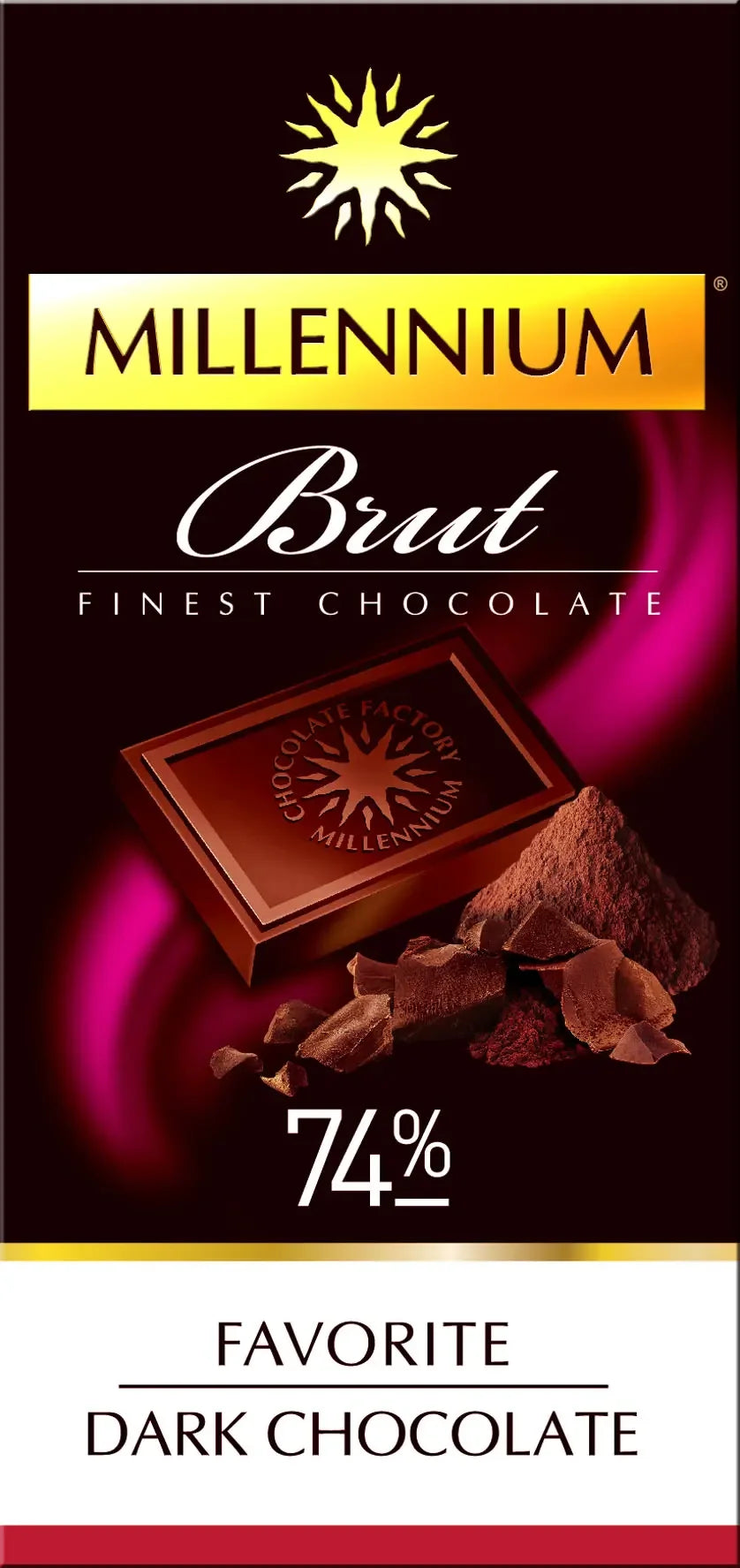 На обгортці Шоколад "Millennium Favorite" Brut чорний 74% від Millennium зображено шматочок чорного шоколаду з какао-порошком, напис 74% какао та "Favorite Dark Chocolate", а також коричневе тло з золотими та рожевими акцентами.