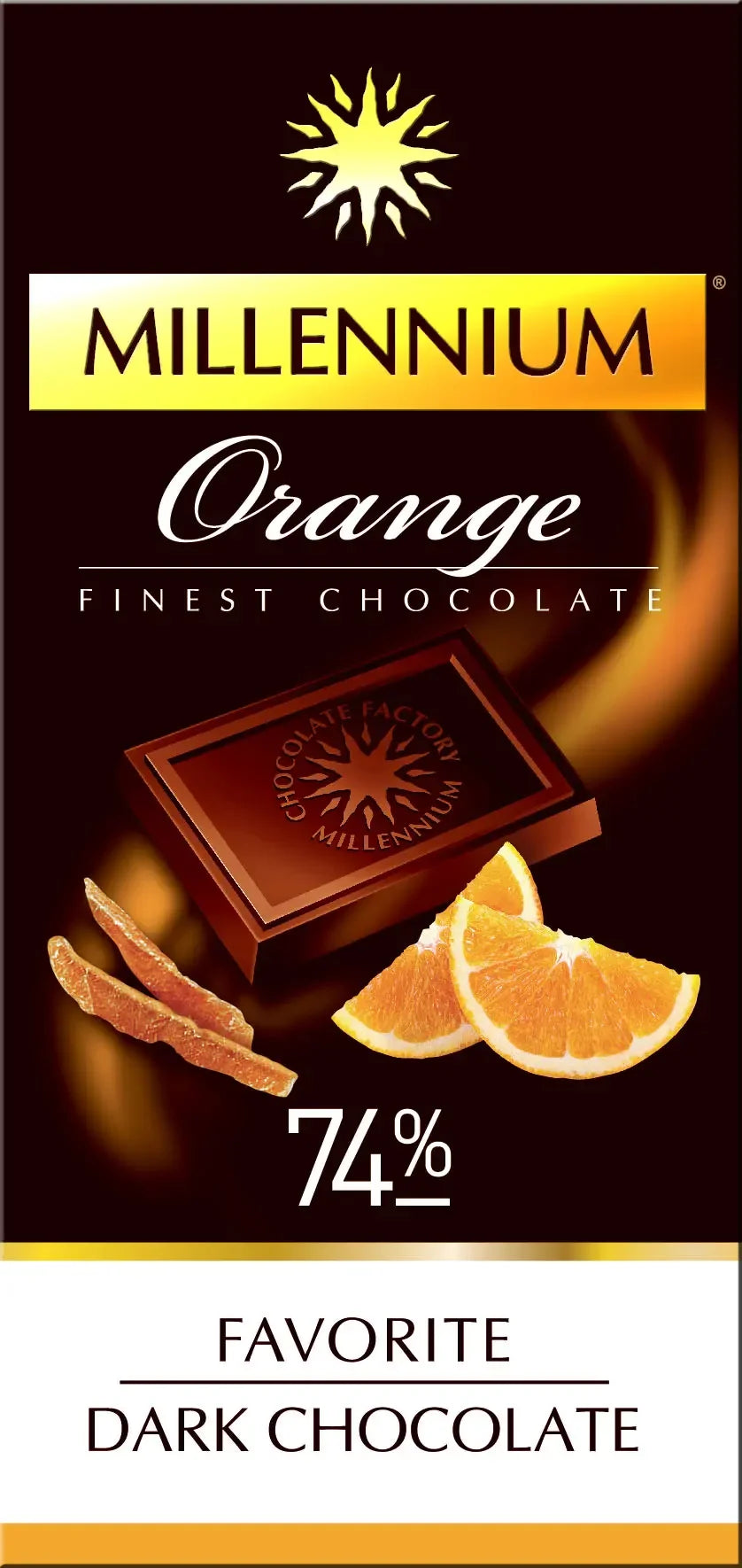 На обгортці плитки Millennium Chocolate чорний Favorite з апельсином зображено 74% какао, темний шоколад, шматочки шоколаду, шматочки апельсина, апельсинові нотки та логотип сонця вгорі.