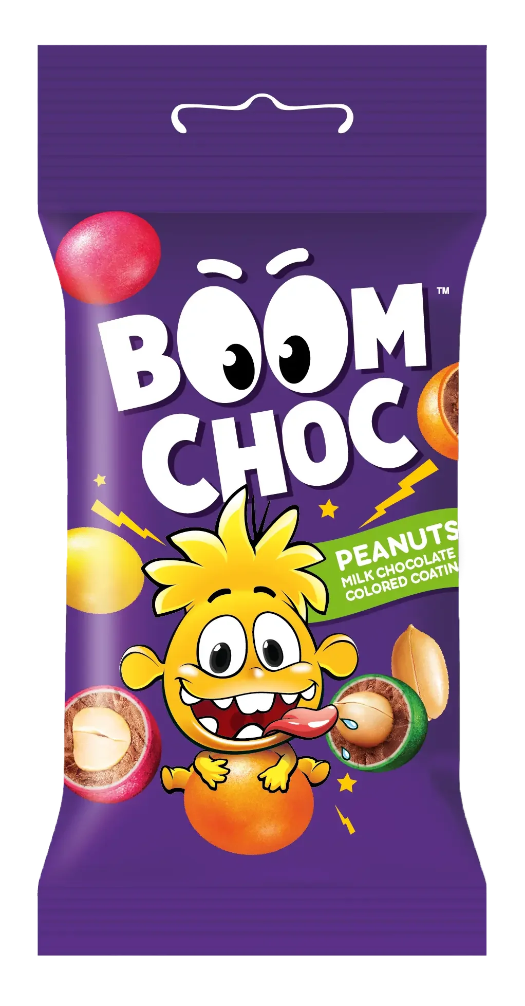 Яскрава упаковка BOOM CHOC містить драже BOOM CHOC Арахіс у шоколаді та кольоровій глазурі, жирний білий текст, мультяшне жовте чудовисько та арахіс у різнокольоровій шкаралупі.