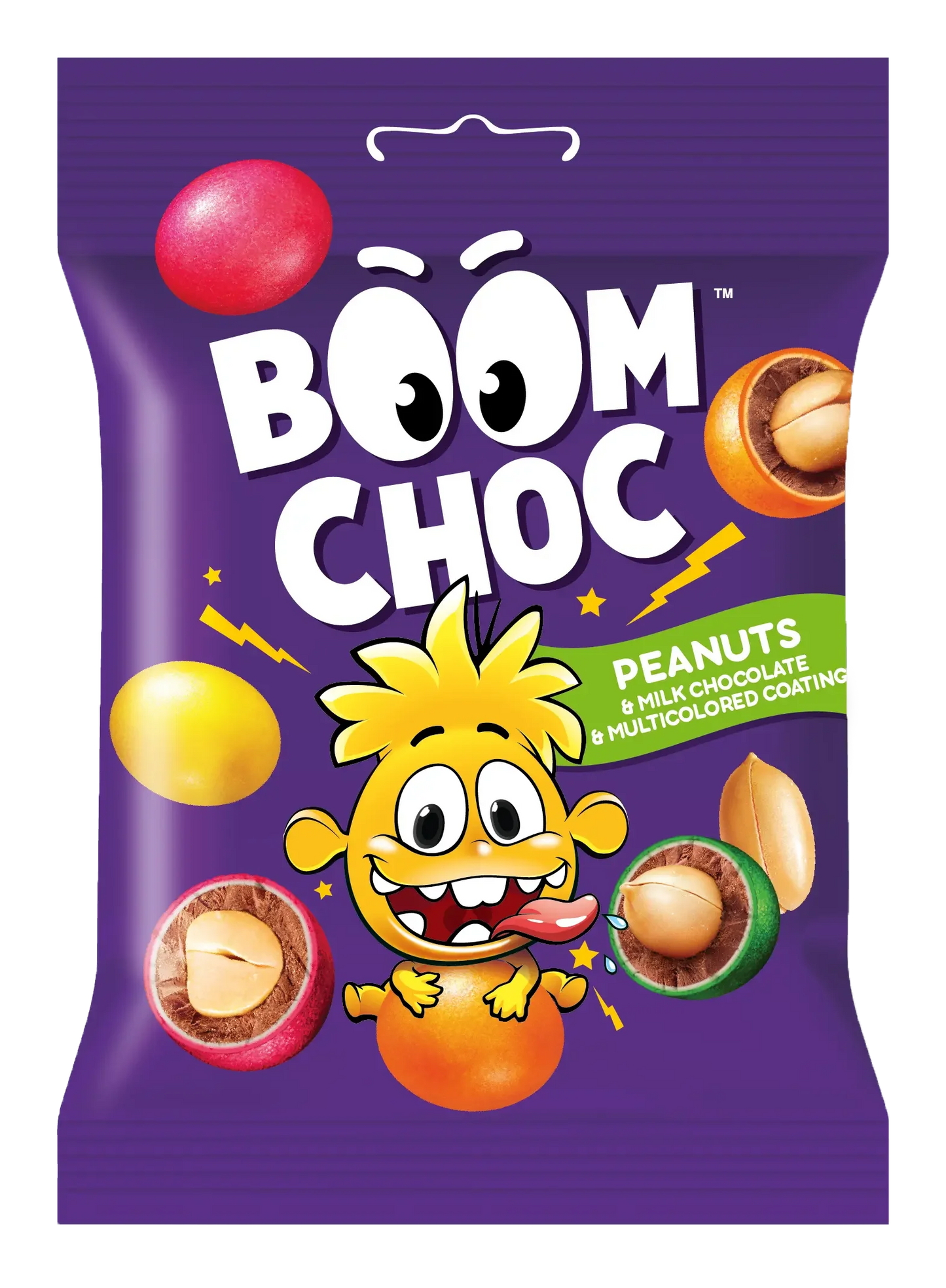 Фіолетовий пакет драже BOOM CHOC Арахіс у шоколаді та кольоровій глазурі від BOOM CHOC із зображенням мультяшного жовтого героя з великими очима та висолопленим язиком в оточенні яскравих шоколадних драже та арахісових ілюстрацій.
