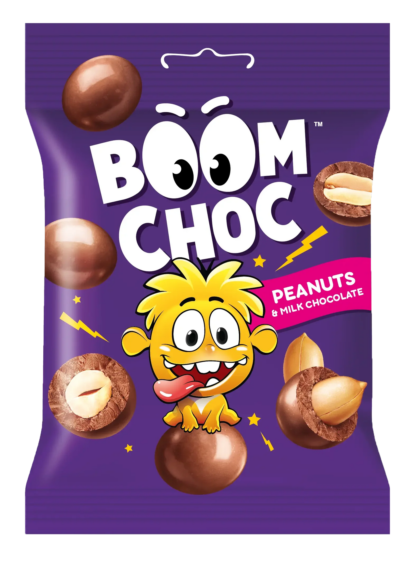 На фіолетовій упаковці драже BOOM CHOC Арахіс у молочному шоколаді від BOOM CHOC зображено мультяшного жовтого монстра з висолопленим язиком в оточенні арахісу в шоколаді, деякі з них розрізані, щоб показати арахіс всередині.