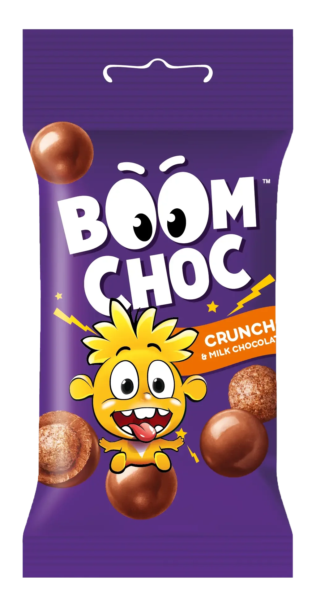 На фіолетовій упаковці BOOM CHOC зображений усміхнений жовтий мультик та помаранчевий CRUNCH burst. Драже BOOM CHOC CRUNCH - рисові кульки в молочному шоколаді, ідеальний перекус!.