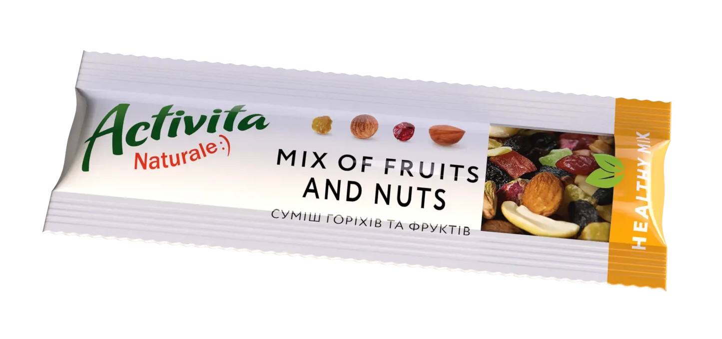 Упакований батончик з етикеткою Activita Суміш горіхів та фруктів Healthy mix з текстом англійською та українською мовами - ідеальний здоровий перекус!.