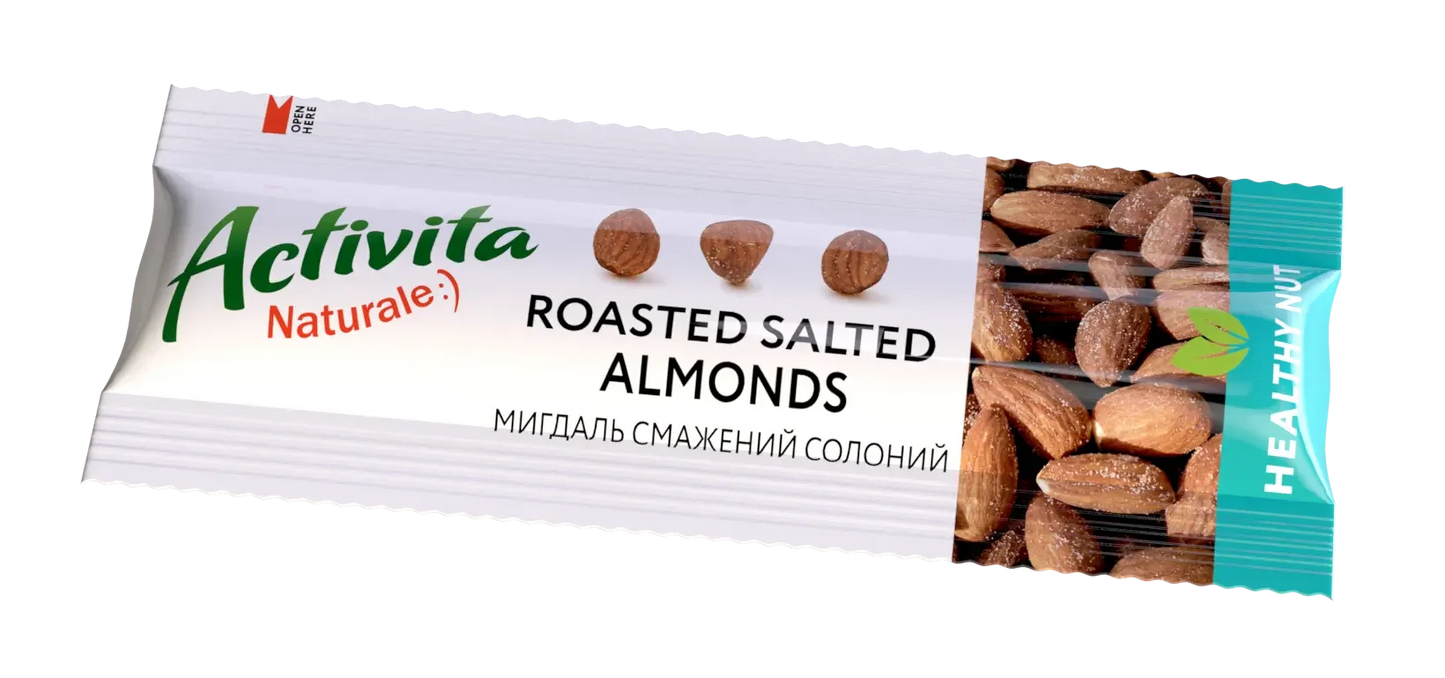 На білій обгортці батончика Activita Мигдаль смажений солоний Healthy mix зображено цілий солоний мигдаль і текст англійською та українською мовами, а праворуч розміщено етикетку Healthy Nut для здорового перекусу.