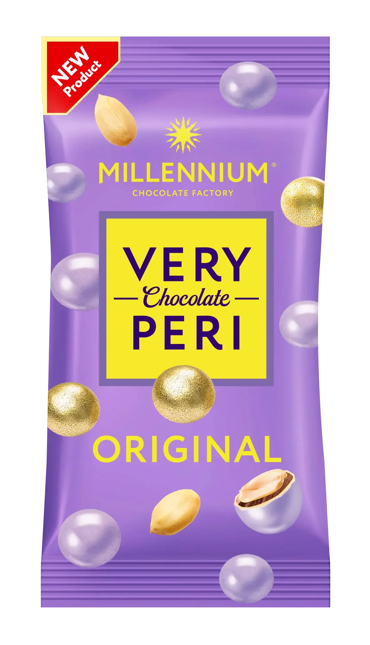 Фіолетово-жовта упаковка Very Peri Драже Millennium Very Peri Original Арахіс у молочному шоколаді та кольоровій глазурі містить горіхи в шоколаді та звичайні горіхи, з червоною етикеткою "Новий продукт" у верхньому лівому кутку.