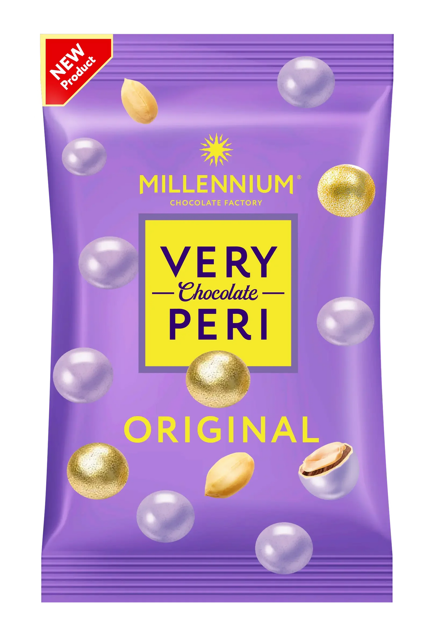 На фіолетовій упаковці драже Very Peri Millennium Very Peri Original Арахіс у молочному шоколаді та кольоровій глазурі зображені золоті, білі та фіолетові цукерки, зображення лісового горіха та червона етикетка "Новий продукт".