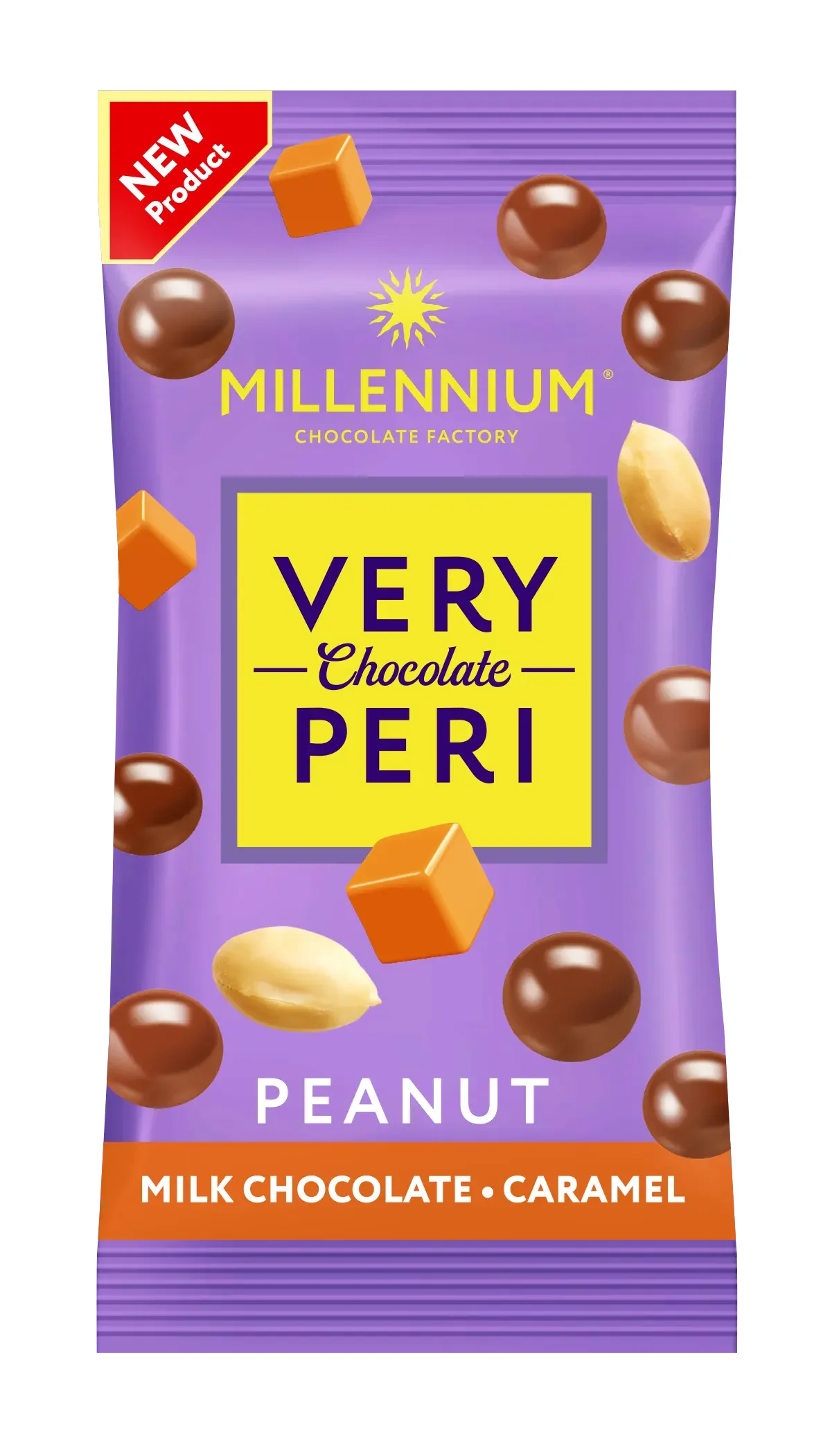 У фіолетовій упаковці Millennium Very Peri представлено драже Millennium Very Peri Original Арахіс - у молочному шоколаді з солоною карамеллю. Етикетка NEW Product підкреслює його ідеальний смак для смачного перекусу!.
