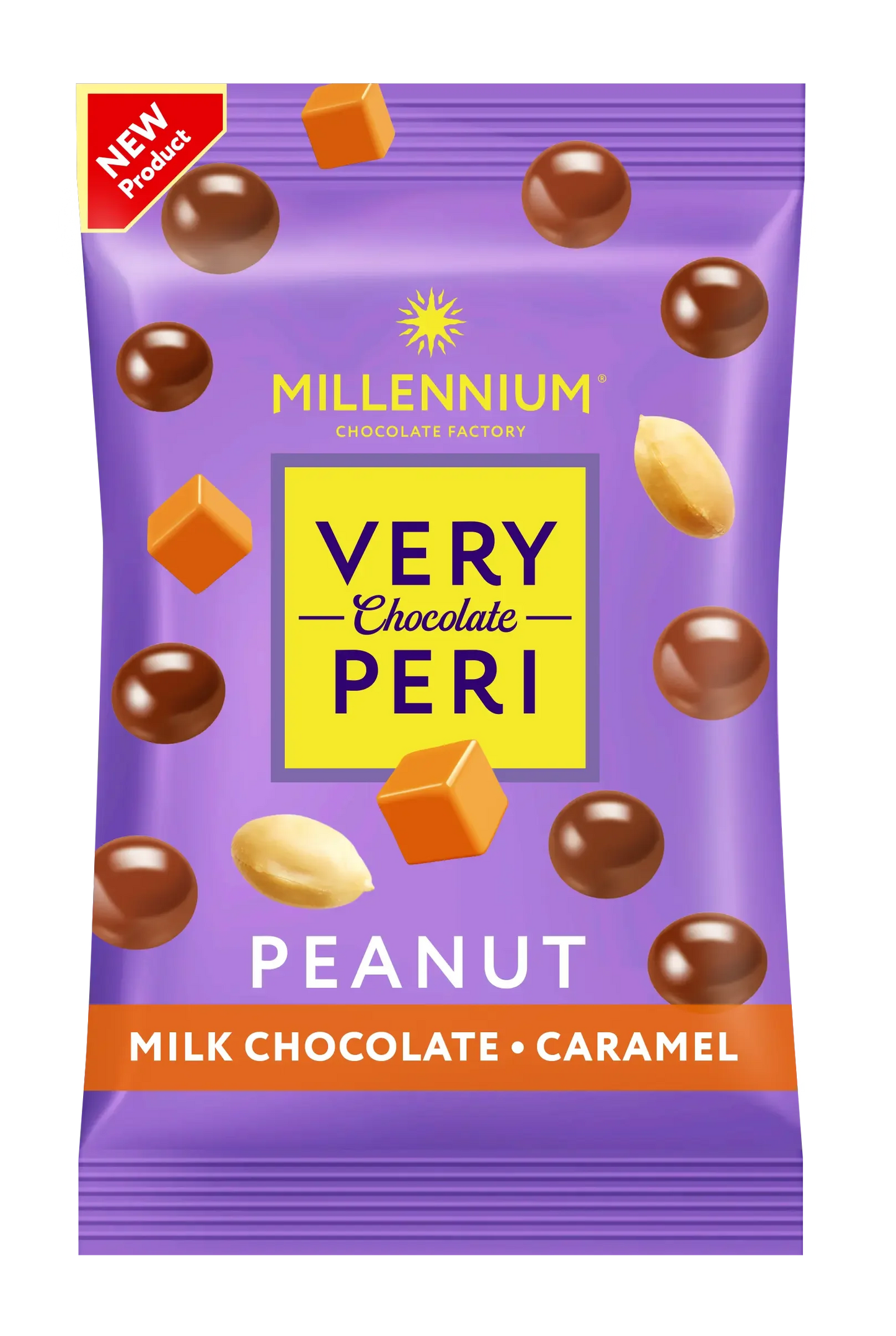 Фіолетовий пакетик драже Millennium Very Peri Original Арахіс - у молочному шоколаді з солоною карамеллю, з арахісом, карамеллю та шоколадом на упаковці. У кутку з'являється червона етикетка "НОВИЙ ПРОДУКТ".