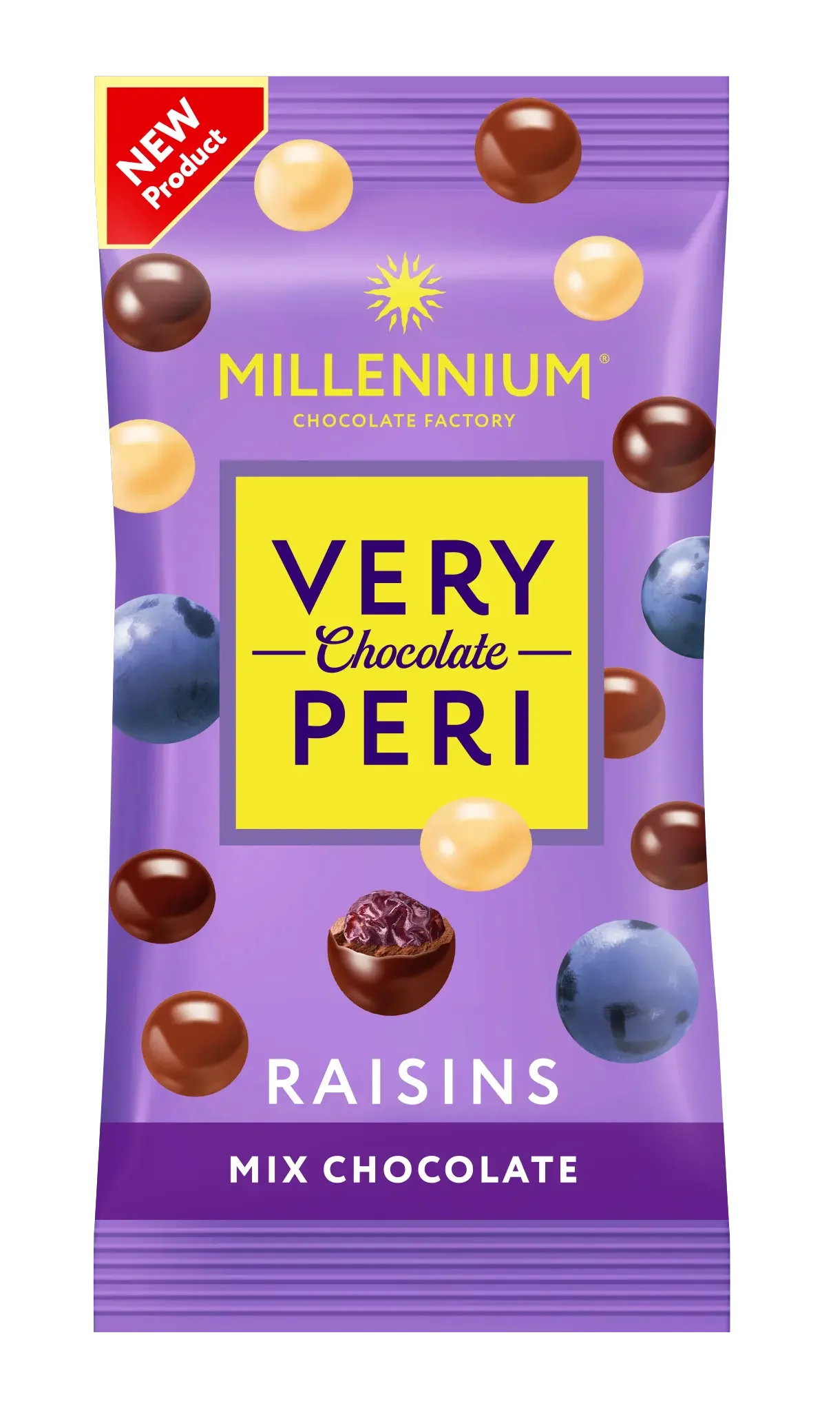 Фіолетова упаковка драже Millennium Very Peri Родзинки - у чорному, білому та молочному шоколаді від Very Peri, що ідеально підходить для швидкого перекусу, має етикетку New Product у верхньому лівому кутку.