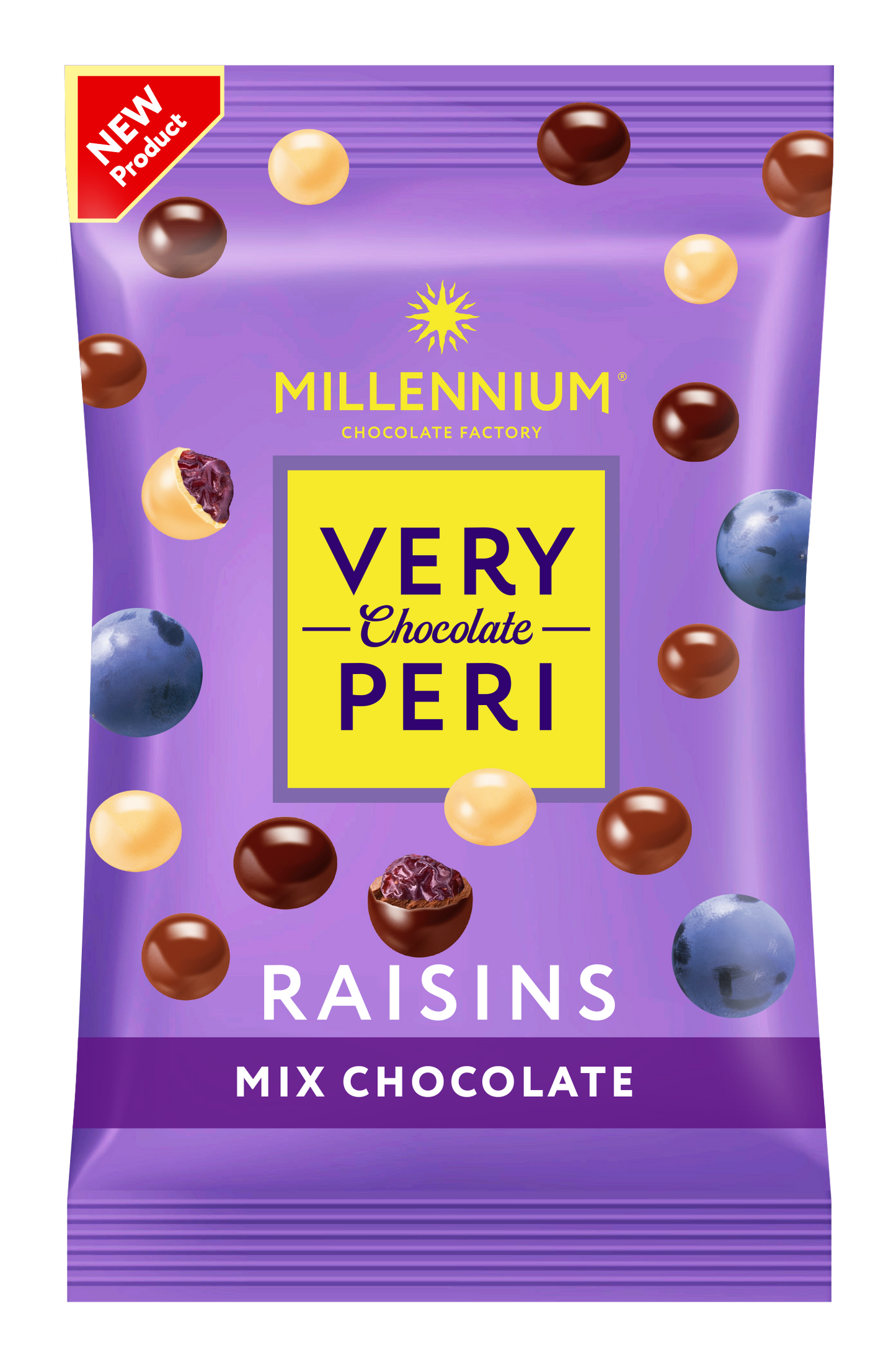 Драже Millennium Very Peri Родзинки — в чорному, білому та молочному шоколаді