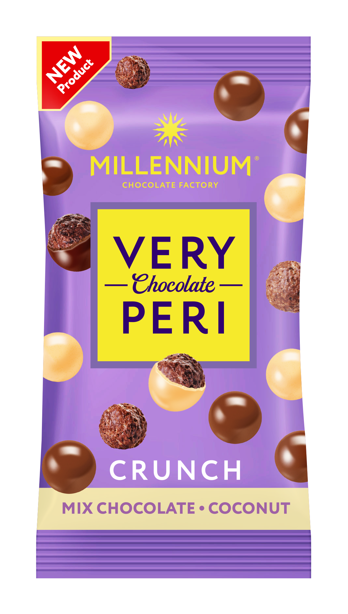 Драже Millennium Very Peri Crunch — у молочному та білому шоколаді з кокосом