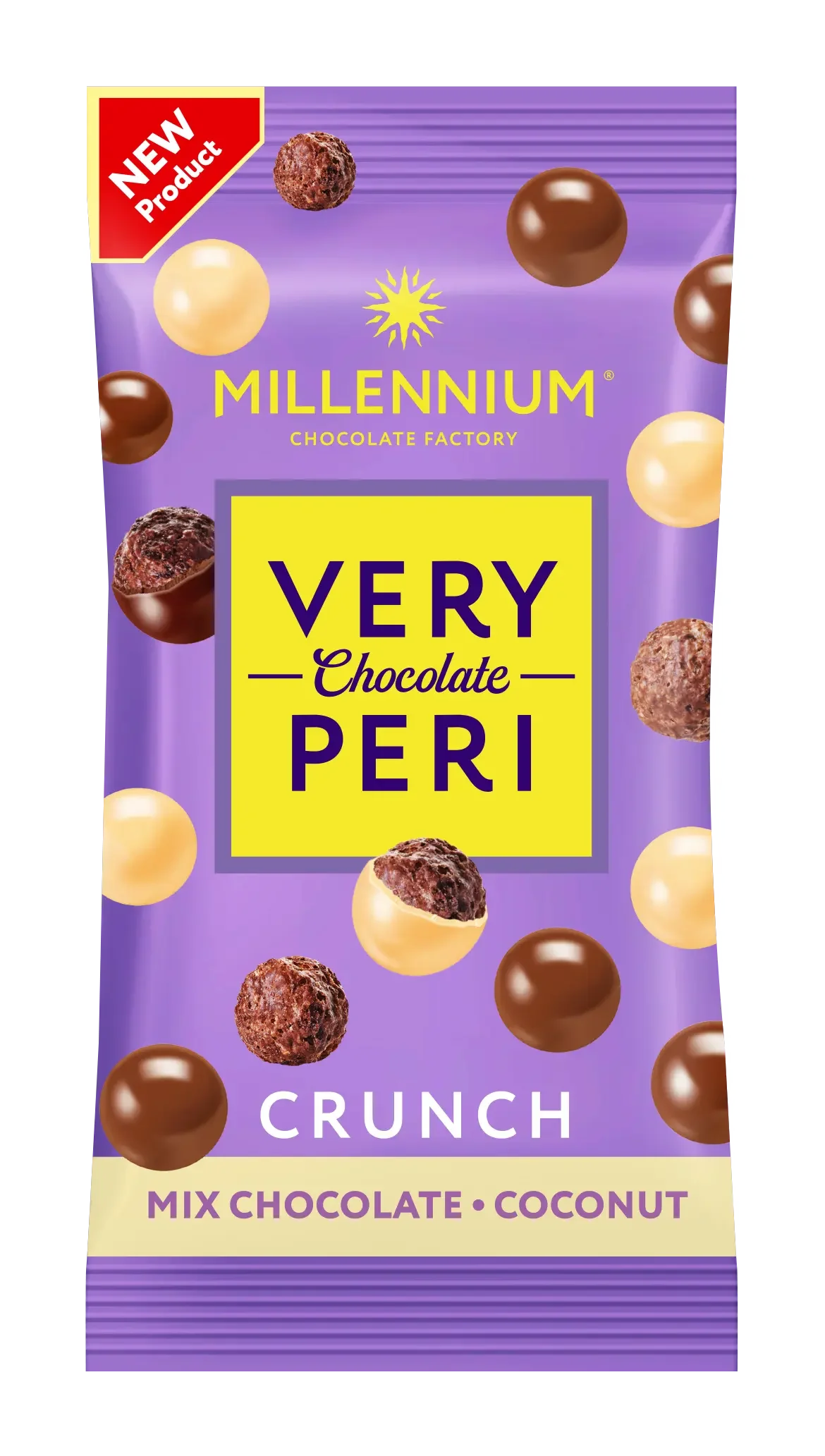 Драже Millennium Very Peri Crunch випускається у фіолетовій упаковці з кульками з кокосом у молочному та білому шоколаді. На обгортці написано "НОВИЙ ПРОДУКТ" та "Мікс Шоколад - Кокос" внизу.