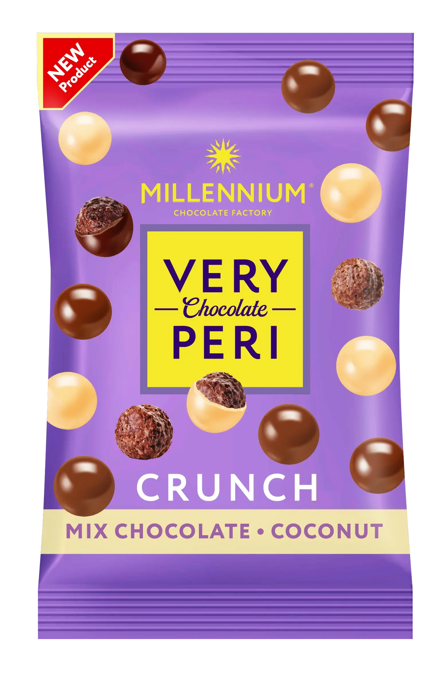 Фіолетово-жовтий пакетик Very Peri Драже Millennium Very Peri Crunch - у молочному та білому шоколаді з кокосом показує шоколадні та кокосові цукерки з етикеткою "Новий продукт" у верхньому лівому кутку.