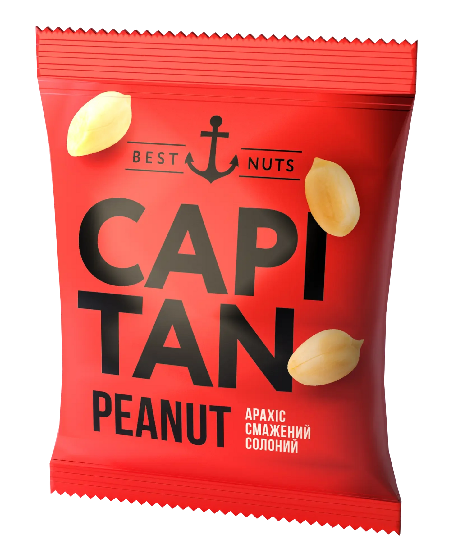 Червона снекова упаковка з маркуванням "Арахіс КАПІТАН солоний" із зображенням арахісу, текстом англійською та російською мовами, символом якоря, написом "BEST NUTS" вгорі та знаком для товарів і послуг CAPITAN.