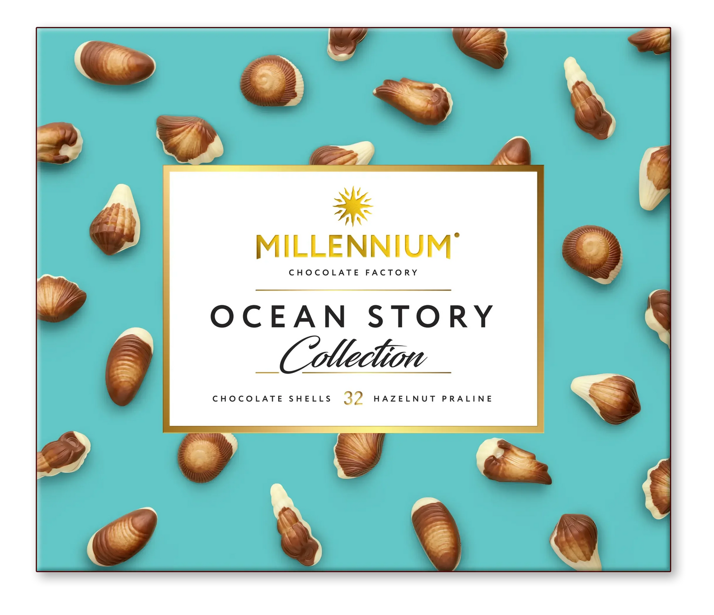 Millennium Історії Океану з горіховим праліне - подарункова коробка шоколадних цукерок у формі мушлів із 32 горіхово-пралінових смаколиків.
