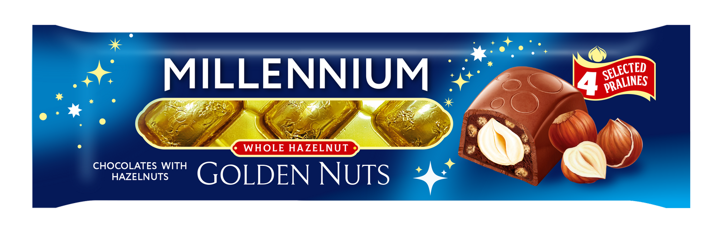 Цукерки шоколадні Millennium «Golden Nut» — з начинкою та цілими горіхами.