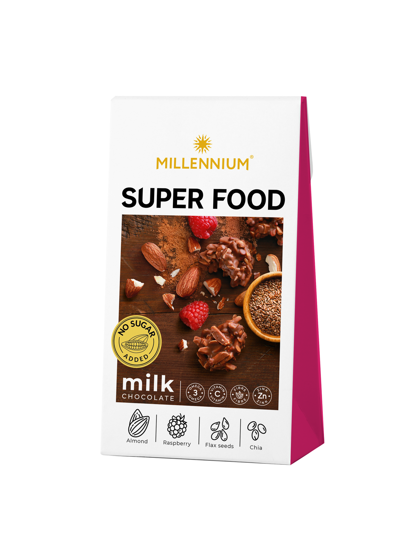Цукерки шоколадні «Millennium Super Food» молочні — з мигдалем, малиною, льоном та чіа.