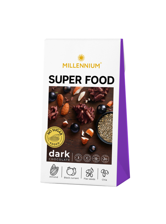 Цукерки шоколадні «Millennium Super Food» чорні — з мигдалем, смородиною, льоном та чіа.