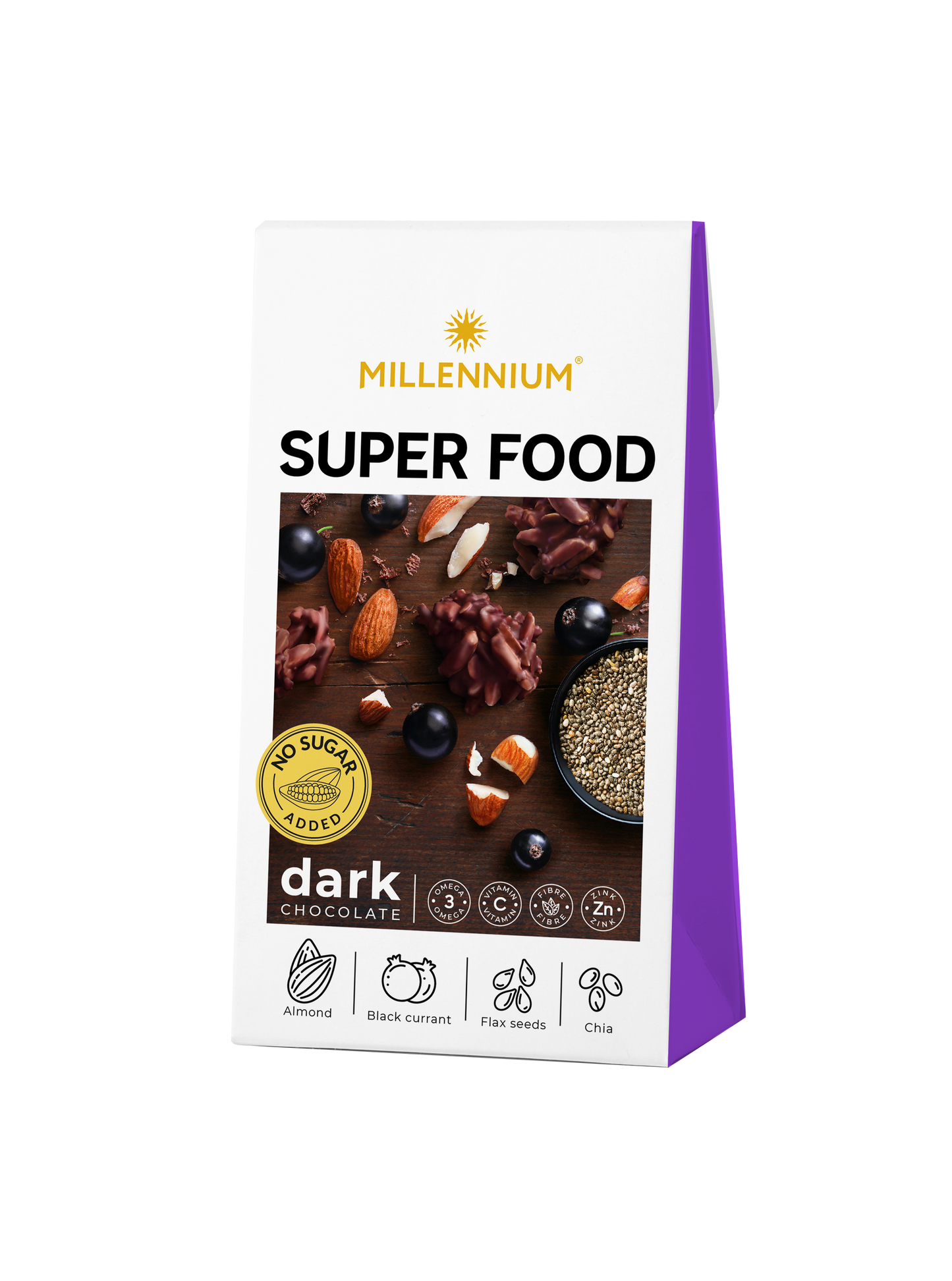 Chocolate sweets «Millennium Super Food» dark — with almond, blackcurrant, flax seeds and chia seeds