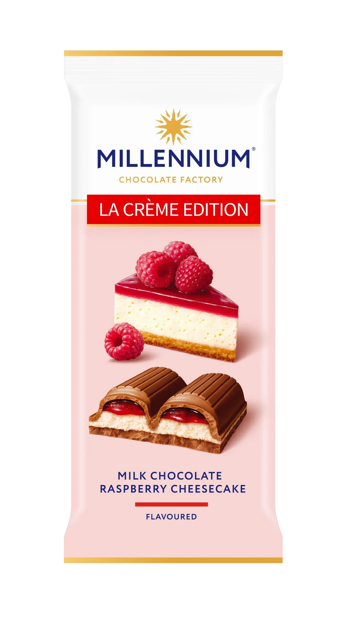 На обгортці плитки шоколаду Millennium La Creme Edition зображені шматочки молочного шоколаду з кремовою та малиновою начинкою, шматочок малинового чізкейку та свіжі ягоди малини на білому тлі. Бренд: Millennium.