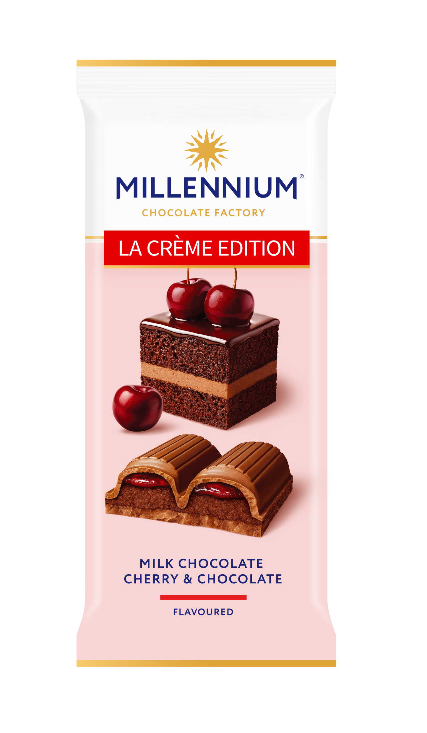 На обгортці батончика Millennium La Creme Edition молочний з кремовою та вишневою начинкою зображено шоколадний торт, вишні та шматочки начинки. Напис на обгортці: "Молочний шоколад з вишневою начинкою: Молочний шоколад з вишневою та шоколадною начинкою. Бренд: Millennium.