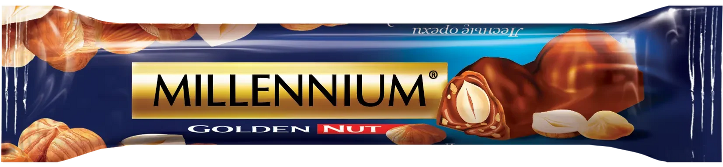 На обгортці Millennium Chocolate Золотий горіх молочний - з цілим горіхом у синьо-золотому кольорі зображені цілі лісові горіхи (фундук) та цукерки в шоколаді, з горіхами, розкиданими по всій обгортці.