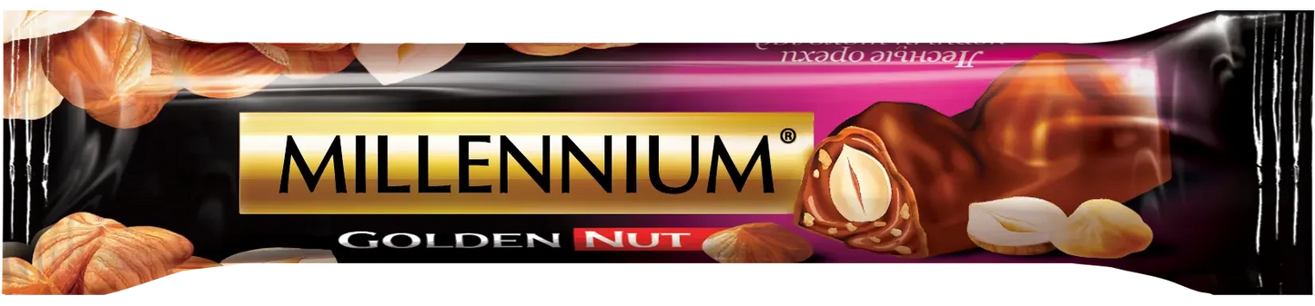 На обгортці Шоколаду Millennium Golden Nut чорний - з цілим горіхом зображено цілий та подрібнений фундук, шматочок шоколаду з горіхом, а також сміливий золотисто-червоний логотип Millennium на чорно-фіолетовому тлі.