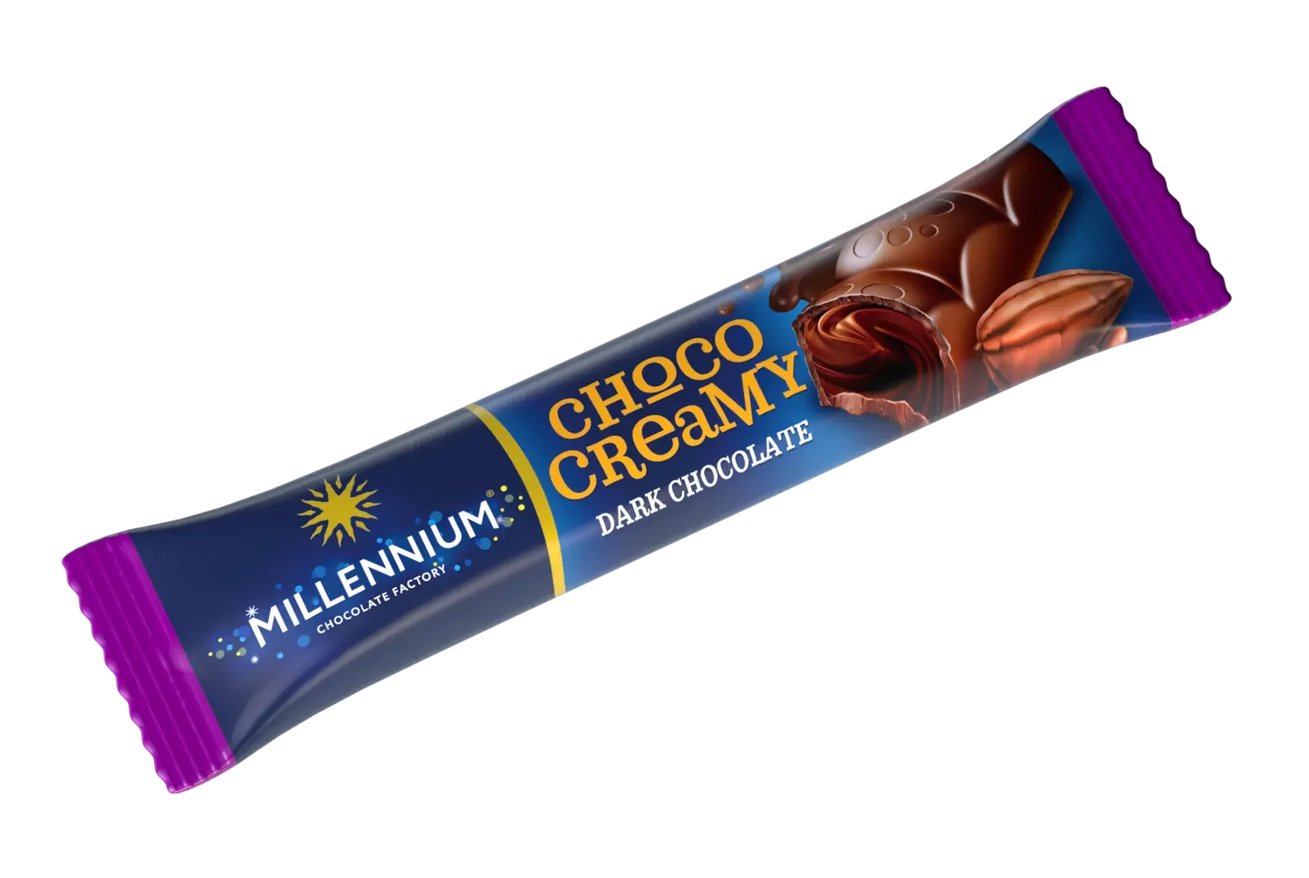 Плитка шоколаду Millennium чорний "Millennium Choco Creamy" з начинкою у синьо-фіолетовій обгортці із зображенням шоколаду та назвою продукту жовто-білим текстом.