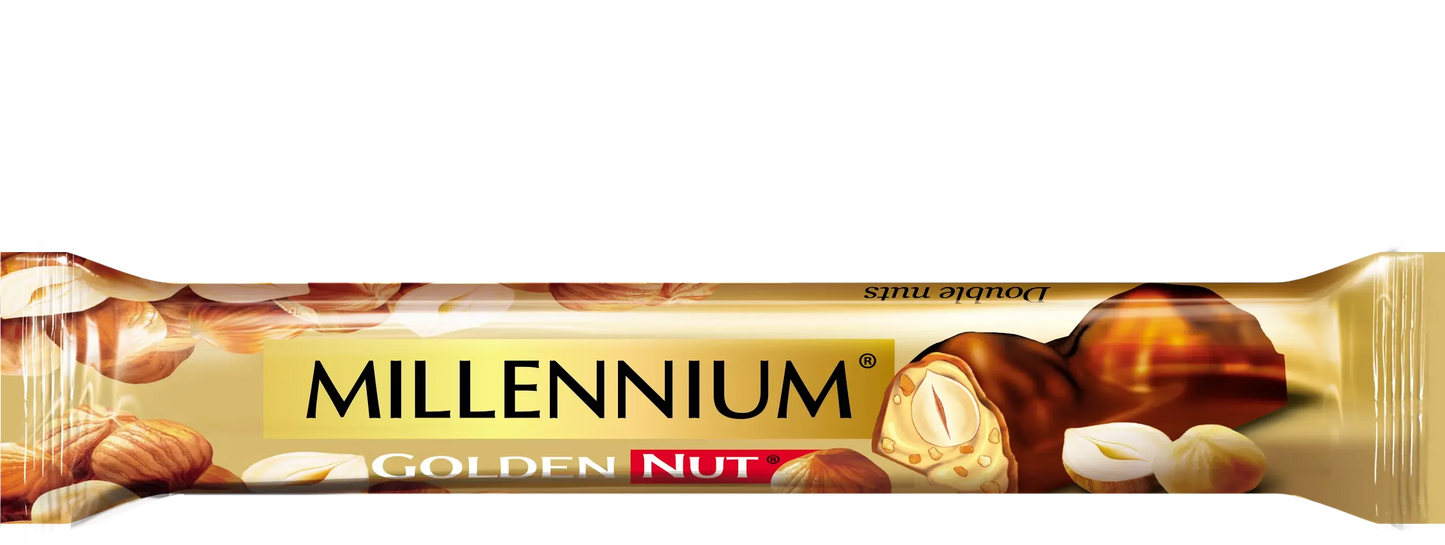 Загорнута плитка чорного шоколаду Millennium "Золотий горіх" з цілими горіхами та начинкою, на якій зображено цілий фундук і назва Millennium Golden Nut Double Nuts на упаковці.